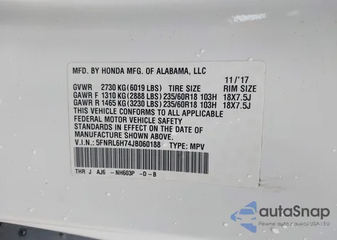 2018 Honda Odyssey Ex-L из США, поврежденный, VIN 5FNRL6H74JB060188